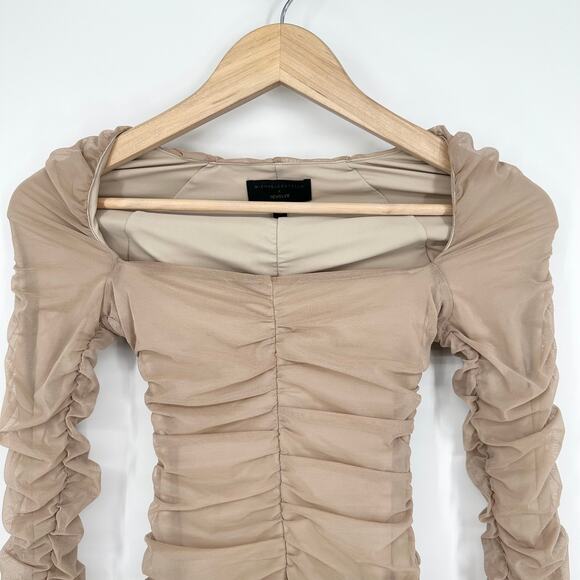 Michael Costello x REVOLVE Franky Mini Dress Mesh Ruched Long Sleeve, Taupe - Picture 7 of 14